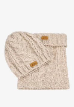 Beżowy komplet z wełny merino czapka + komin