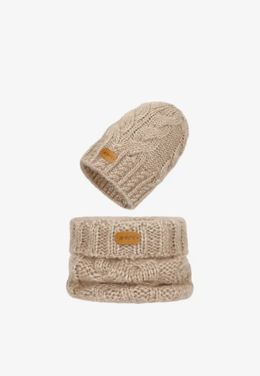 Beżowy zestaw BARTEK z wełną merino 85604-84, czapka + komin