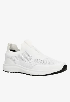 Białe materiałowe wsuwane sneakersy RELAKS z czarnym spodem podeszwy