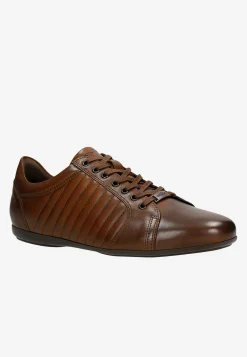 Brązowe skórzane sneakersy męskie z przeszyciami