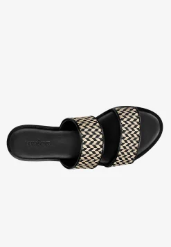 Czarno-beżowe klapki damskie ze skóry licowej z plecionką z raffii