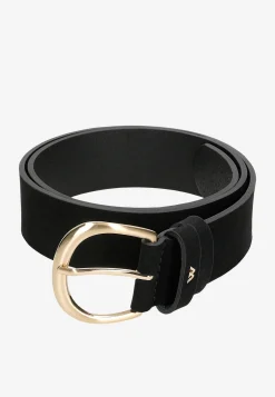 Czarny nubukowy pasek damski ze złotą klamrą