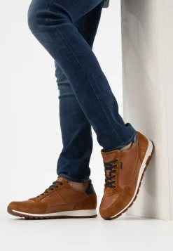 Jasnobrązowe sneakersy męskie z granatowymi akcentami