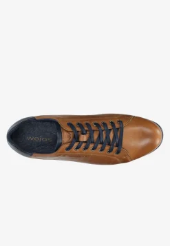 Jasnobrązowe sneakersy męskie z granatowymi wstawkami