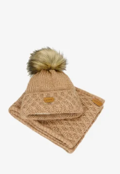 Jasnobrązowy zestaw BARTEK 85602-83 z wełną merino - czapka + komin