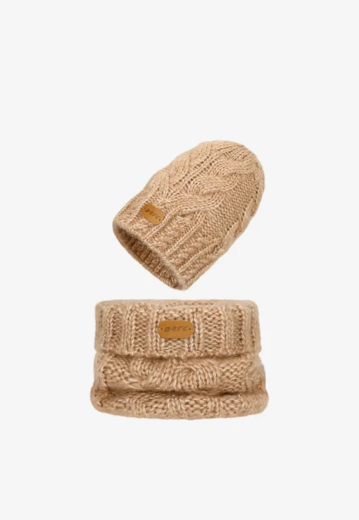 Jasnobrązowy zestaw BARTEK z wełny merino 85604-82, czapka + komin