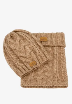 RELAKS jasnobrązowy zestaw z wełną merino - czapka + komin