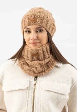 RELAKS jasnobrązowy zestaw z wełną merino - czapka + komin