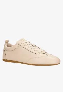 Skórzane beżowe sneakersy damskie na cienkiej podeszwie