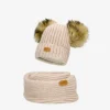 Zestaw zimowy z wełną merino BARTEK 85603-84 beżowa czapka z dwoma pomponami i komin