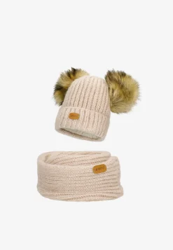 Zestaw zimowy z wełną merino BARTEK 85603-84 beżowa czapka z dwoma pomponami i komin