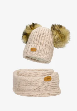 Zestaw zimowy z wełną merino BARTEK 85603-84 beżowa czapka z dwoma pomponami i komin